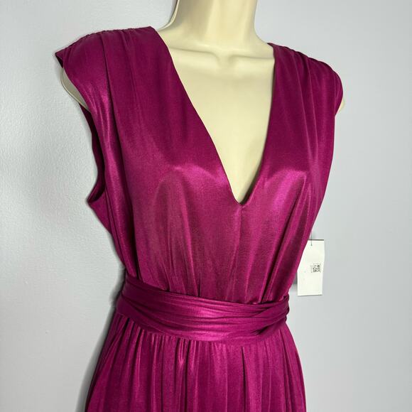 Dress The Population Krista Plunge Neck Side Slit Gown Dress Maxi Prom Magenta L - Picture 4 of 12